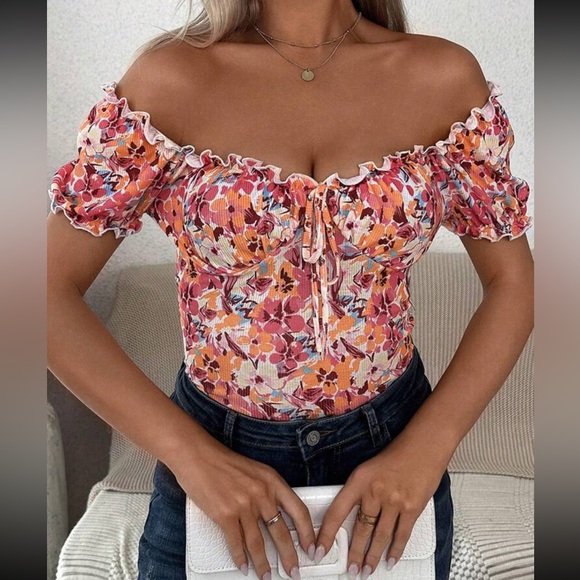 Boho floral print knot front bodysuit top - Picture 4 of 5